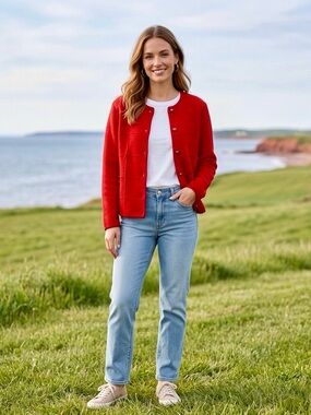 Red Button-Front Knit Blazer Jacket - Women's